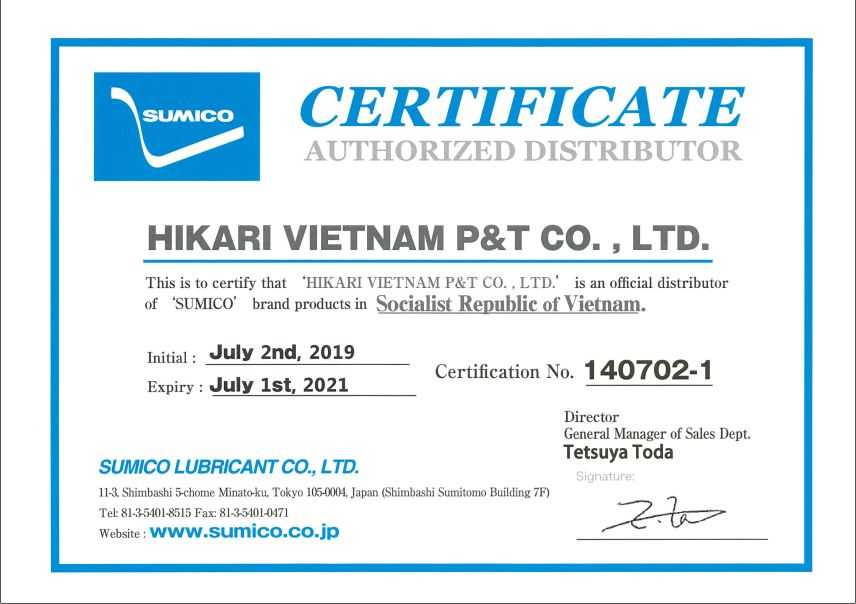 Chứng chỉ chứng nhận Hikari Việt Nam là đại lý chính thức sản phẩm Sumico Nhật Bản